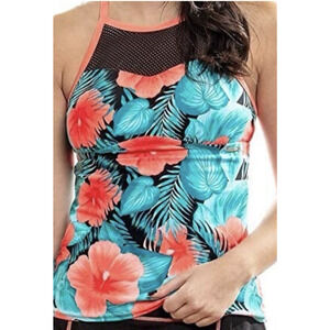 ZeroXposure Tankini Top Womens 18 XXL Turquoise Melon Hibiscus Shelf Bra